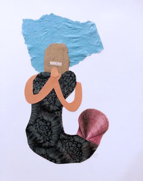collage of a mermaid by Jerry Jeanmard represented by Rebecca Hossack gallery