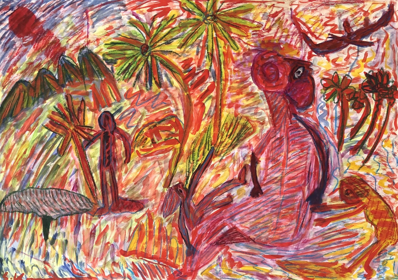 Uddin’s paintings – done in gouache on paper – shimmer with expressive colour. Their characteristic short, dynamic brushstrokes impart a compelling energy to each scene