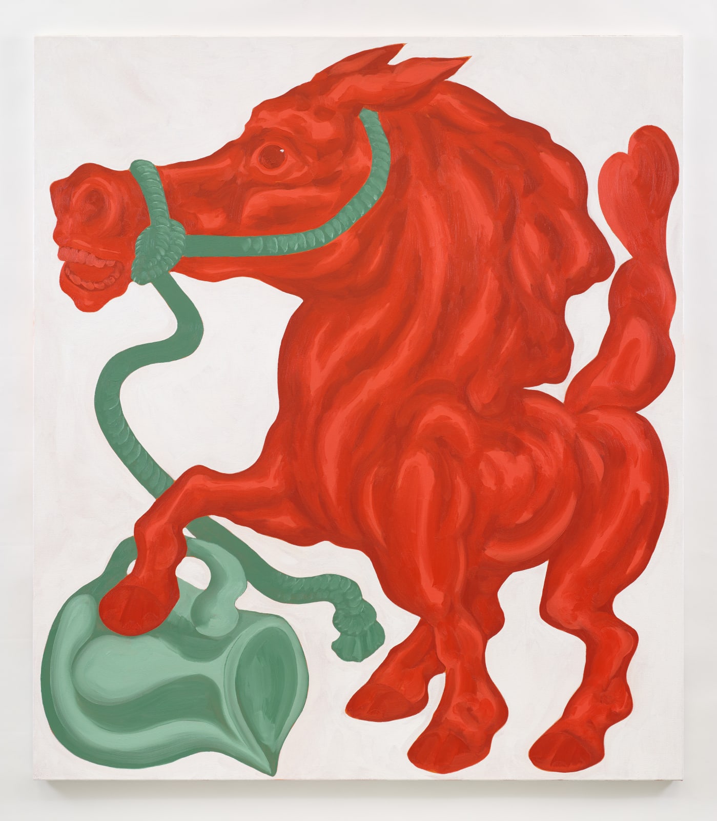A painting of a red horse with rope around head with a white background by contemporary artist David Surman.