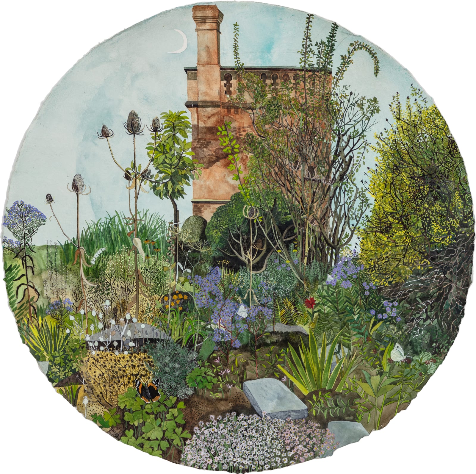 Watercolour painting of a tower with the moon in the background and various flora and fauna by British-Cypriot artist Sophie Charalambous.