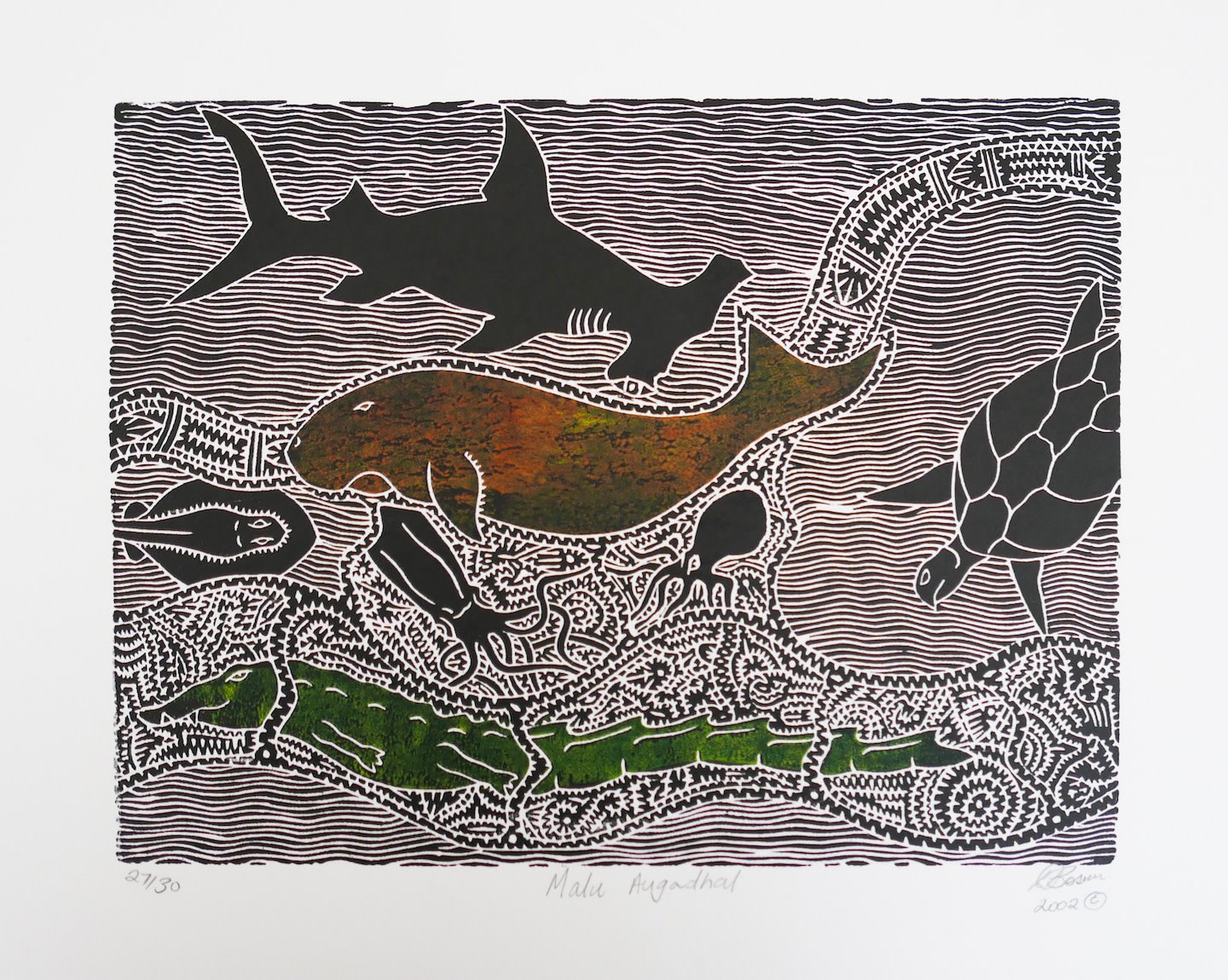 David Bosun, coloured linocut, Torres Strait Islands, Aboriginal artist and artwork