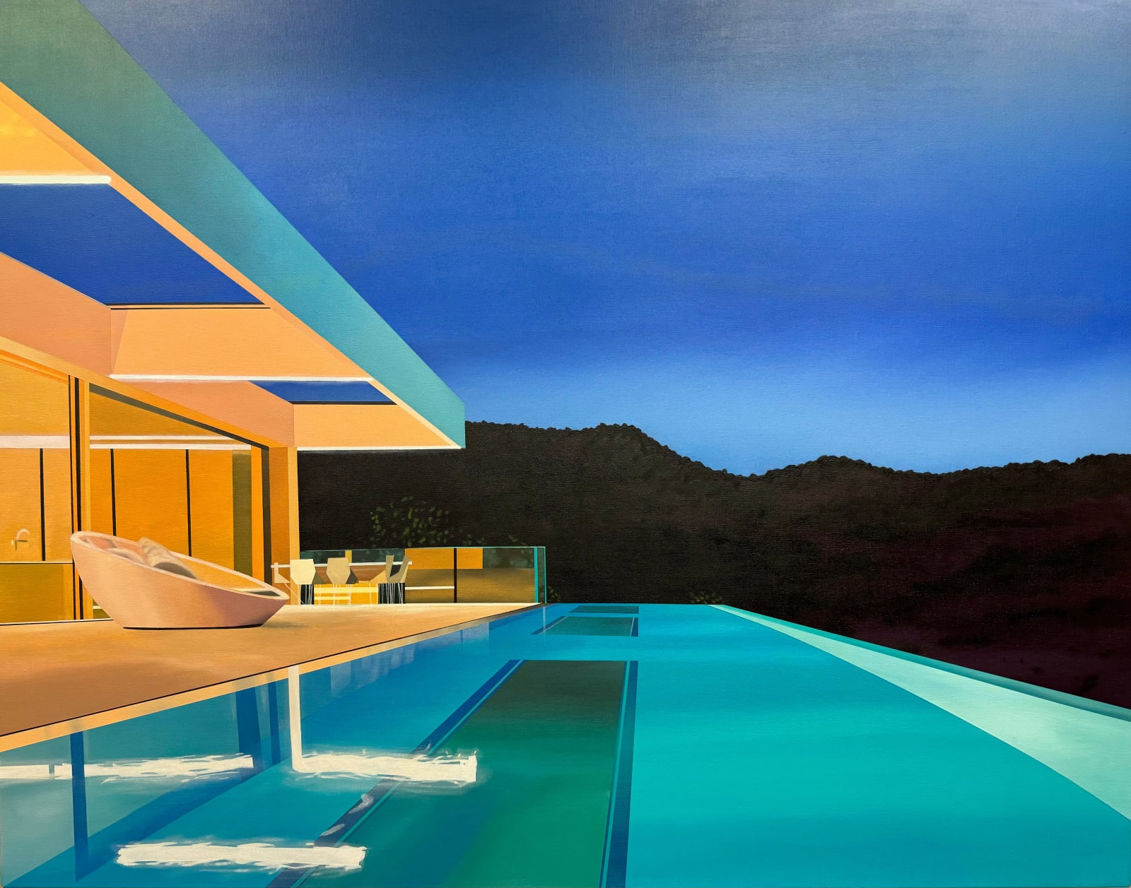 Painting of a modernist house with a pool overlooking mountains with a darkening sky in the background.