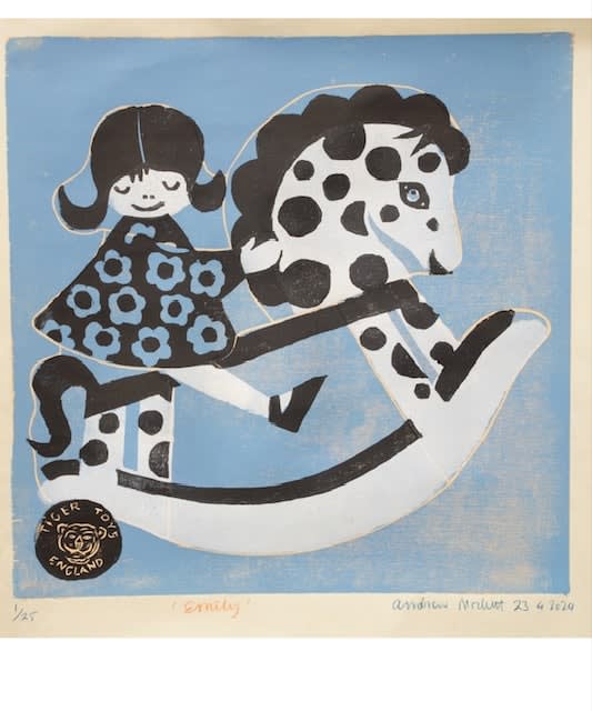 Blue and black and white woodcut of a little girl with pigtails and a flower dress riding on a spotted rocking horse by British pop artist Andrew Mockett.