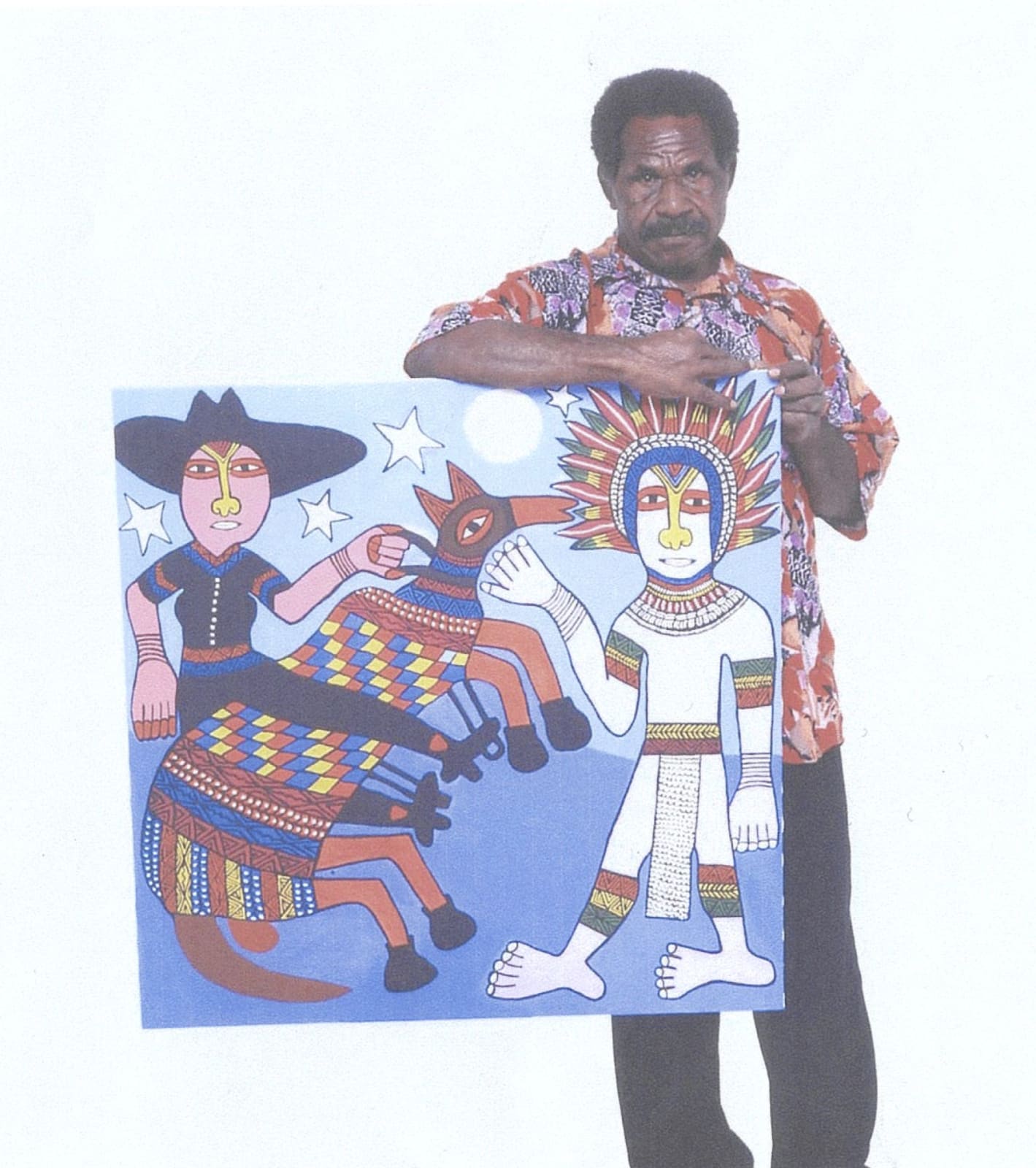 Mathias Kauage, Mathias Kauage with his painting: A Young Policeman Waves Hello In The Night