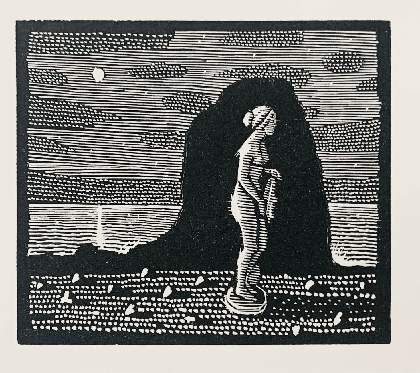 Black and white wood engraving by Australian artist David Frazer inspired by the lyrics of singer and actress Marianne Faithfull.
