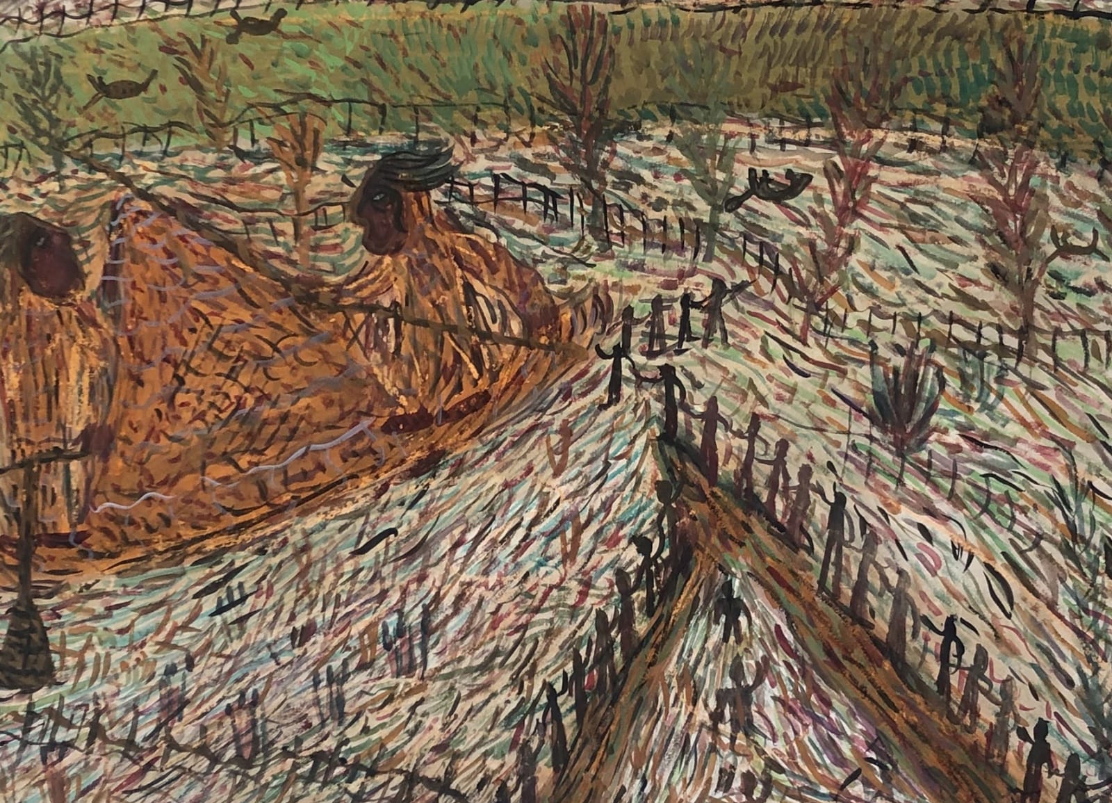 gouache paint on paper by Shafique Uddin depicting the village life available at Rebecca Hossack Art Gallery