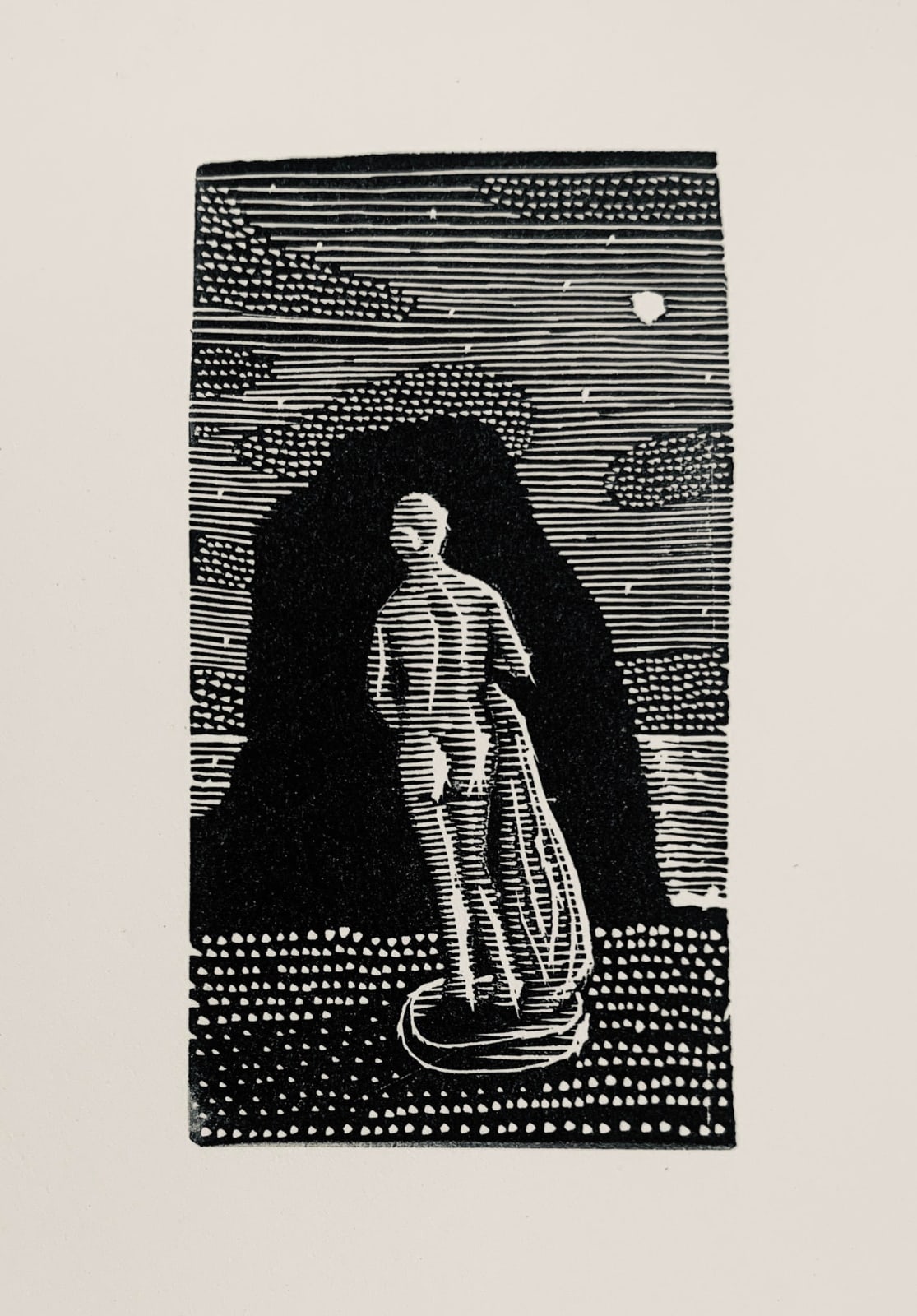 Black and white wood engraving of a statue-like figure looking at the sky by Australian artist David Frazer inspired by the lyrics of singer and actress Marianne Faithfull.