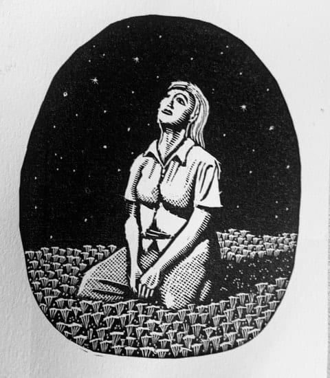 Black and white wood engraving of a woman sitting on her knees in a field looking up behind a starry sky by Australian artist David Frazer inspired by the lyrics of actress and singer Marianne Faithfull.