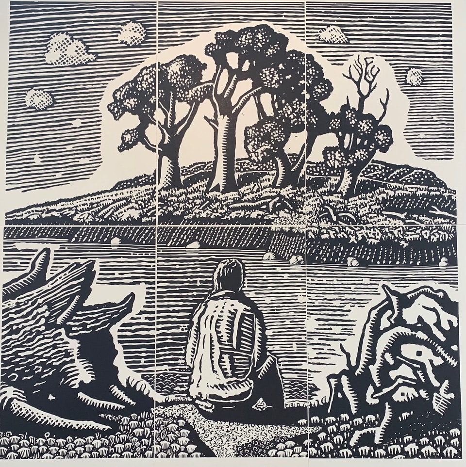 Woodcut by Australian printmaker David Frazer of young man sitting down looking at a tree inspired by the lyrics of 