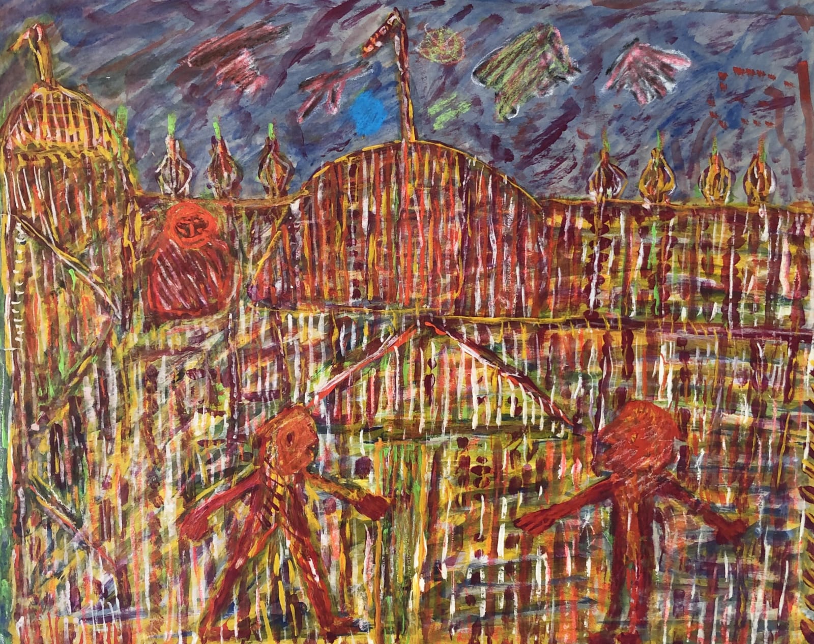 gouache paint and crayon on paper by Shafique Uddin of two red figures in front of a red Temple available at Rebecca Hossack Art Gallery