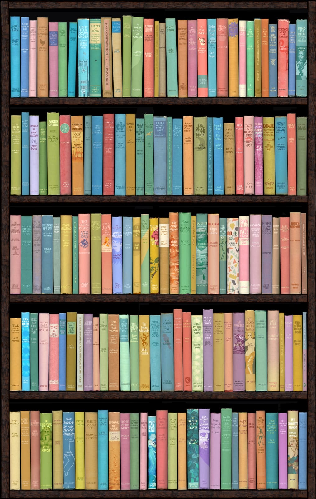 Conceptual bookshelf print containing pastel colored books by acclaimed British artist and printmaker Phil Shaw represented by Rebecca Hossack Art Gallery.