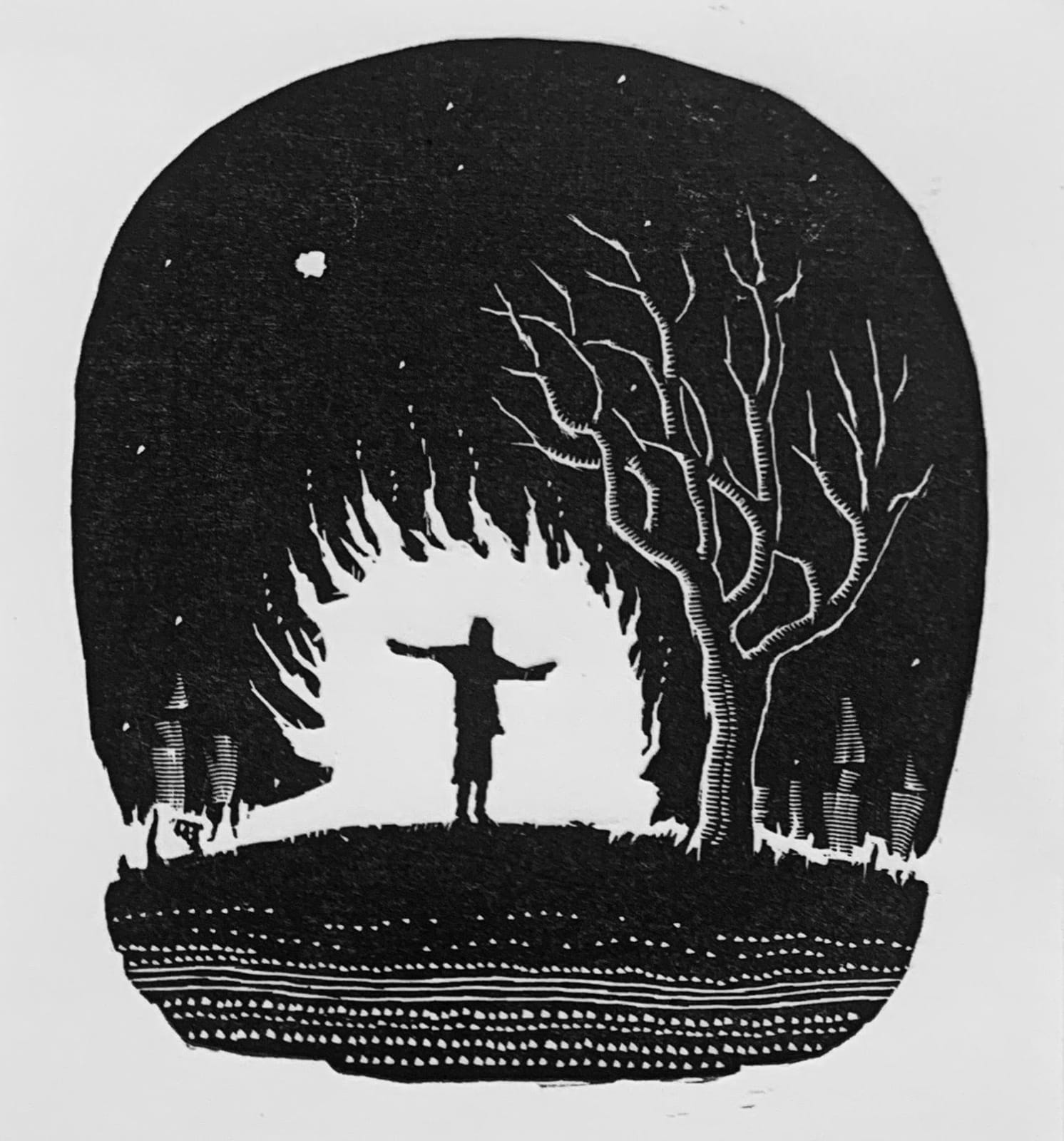 Black and white wood engraving of a figure surrounded by flames in a forest by Australian artist David Frazer inspired by the lyrics of actress and singer Marianne Faithfull.