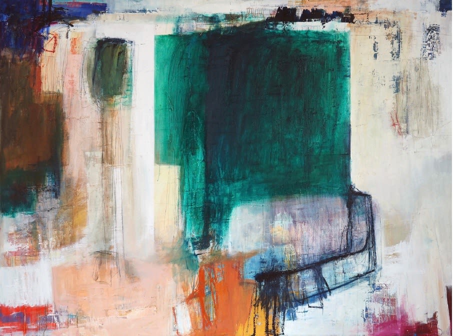 Abstract expressionist painting by Danish artist Morten Lassen, featuring layered colours, dynamic brushstrokes, and a balance of spontaneity and structure.