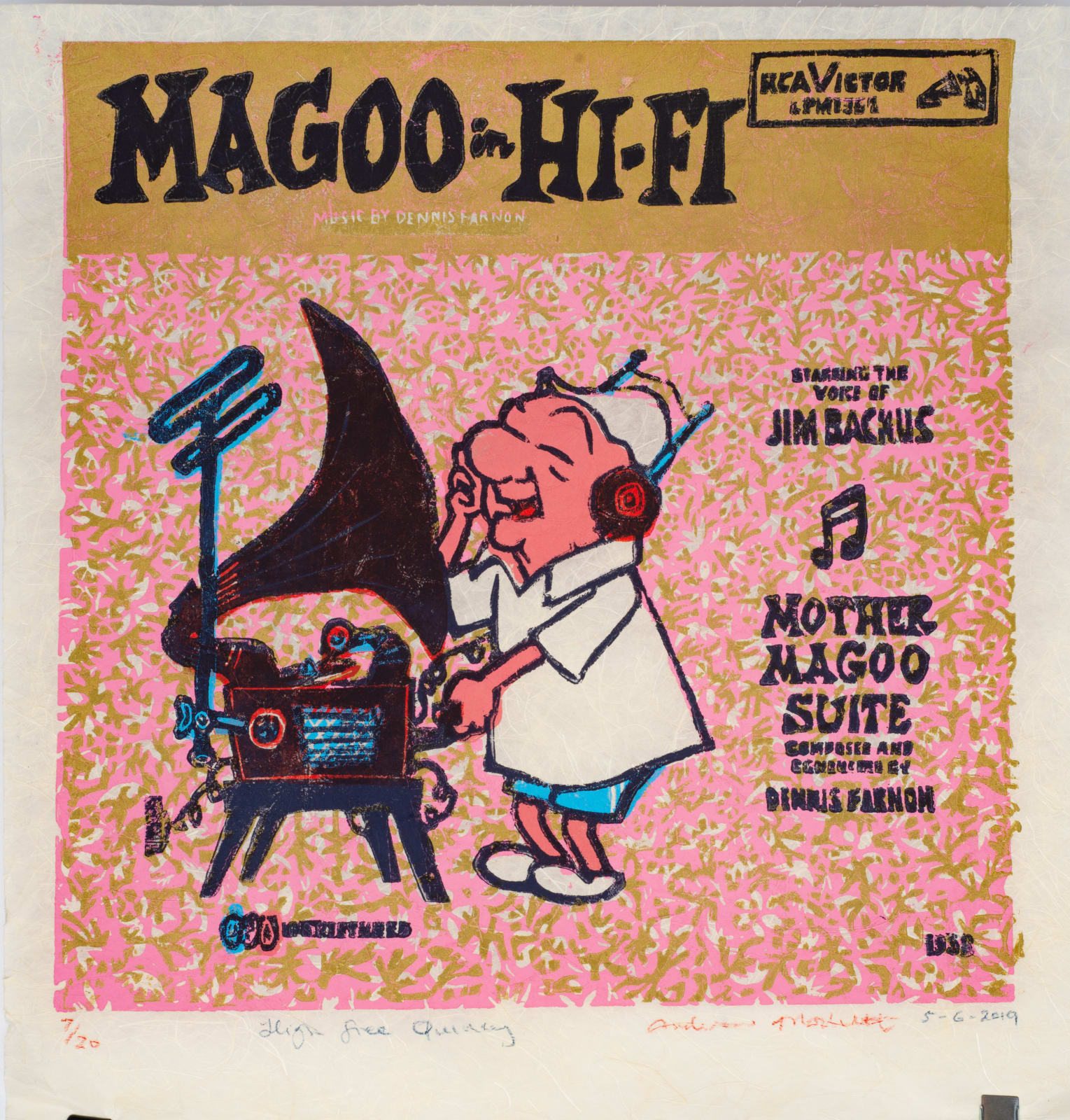 Pop art Magoo Hi-Fi wood block print by British artist Andrew Mockett represented by Rebecca Hossack Art Gallery.