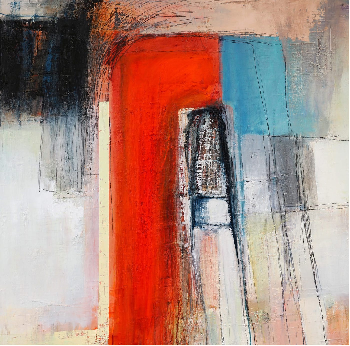 Abstract expressionist painting by Danish artist Morten Lassen, featuring bright layered colours, dynamic brushstrokes, and a balance of spontaneity and structure.