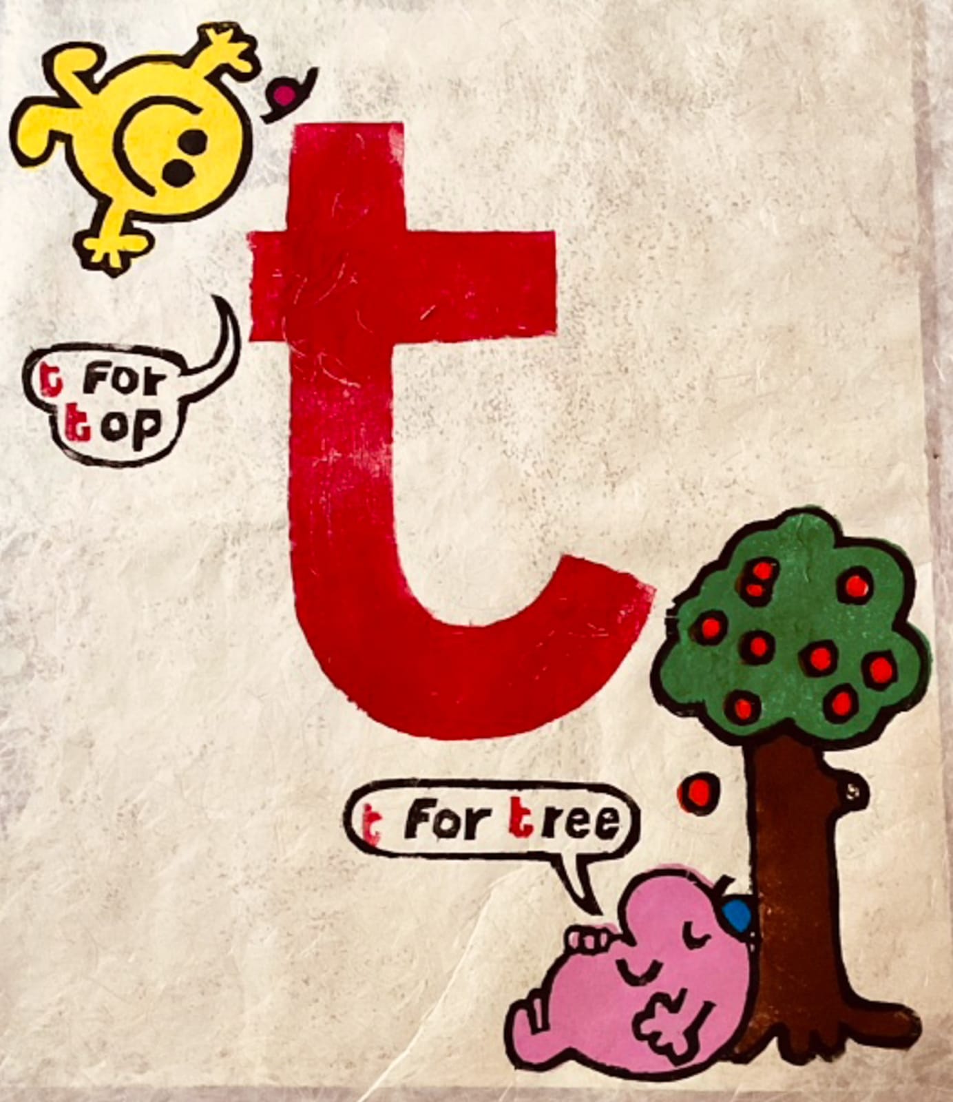 Red pop art print of the letter t featuring two Mr. Men cartoon characters by British artist Andrew Mockett represented by Rebecca Hossack Art Gallery.