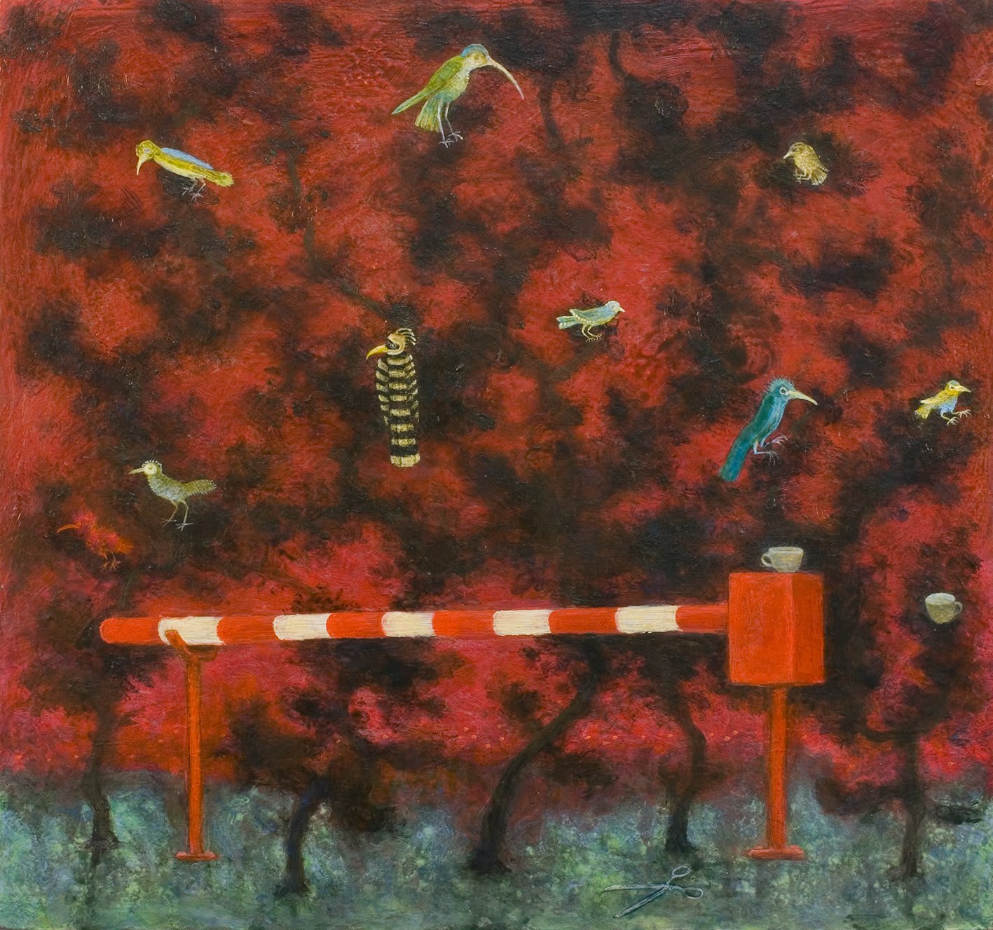 Birds in Red Forest with Boom Barrier gate. 