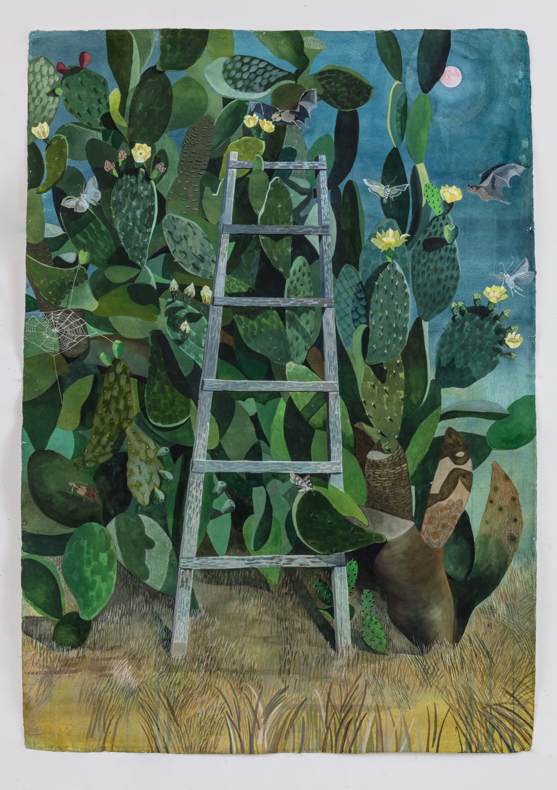 Watercolour and gouache painting of a prickly pear tree with green flora and fauna with the moon in the background by British-Cypriot artist Sophie Charalambous.