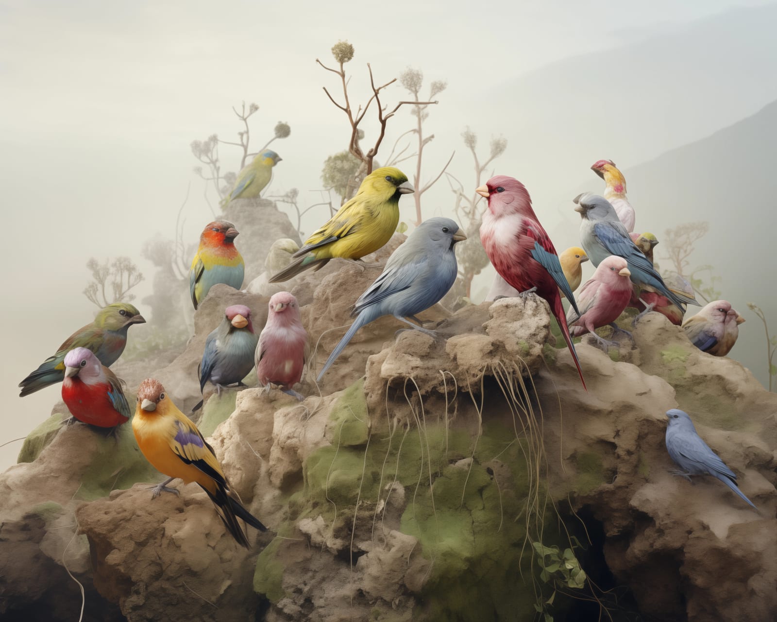 Photographic print of a group of brightly crested birds gathered together in nature by British artist Jim Naughten.