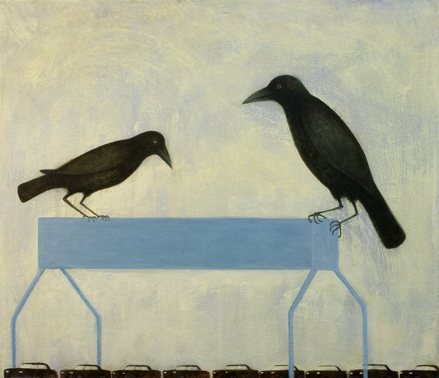 Gantry Crows on blue table acrylic painting acrylic painting by Alasdair Wallace. Represented by Rebecca Hossack Gallery.