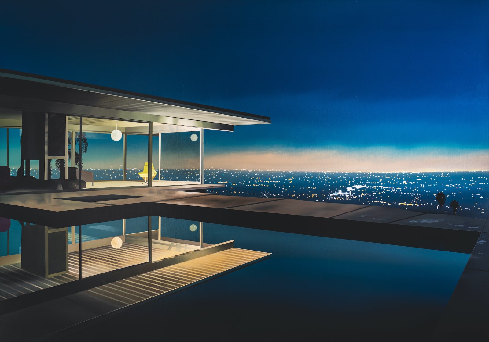 Painting of an illuminated Hollywood mansion with a pool overlooking city lights with a darkening sky.