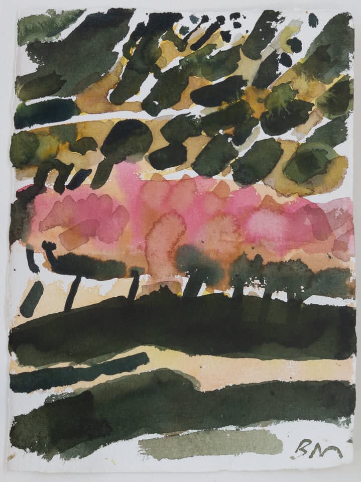 Barbara Macfarlane green and pink abstract painting of Mont Ventoux in France