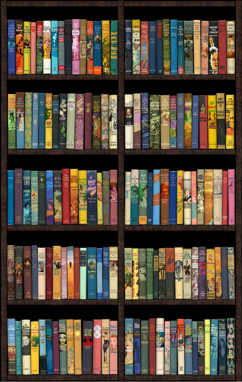 Conceptual bookshelf print about love containing various colorful books by acclaimed British artist Phil Shaw represented by Rebecca Hossack Gallery.