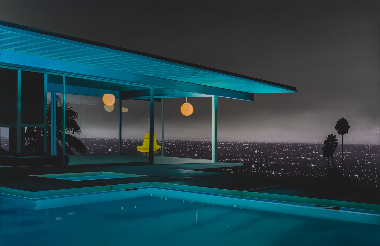 Laurence Jones painting of LA house with pool and lamps at twilight