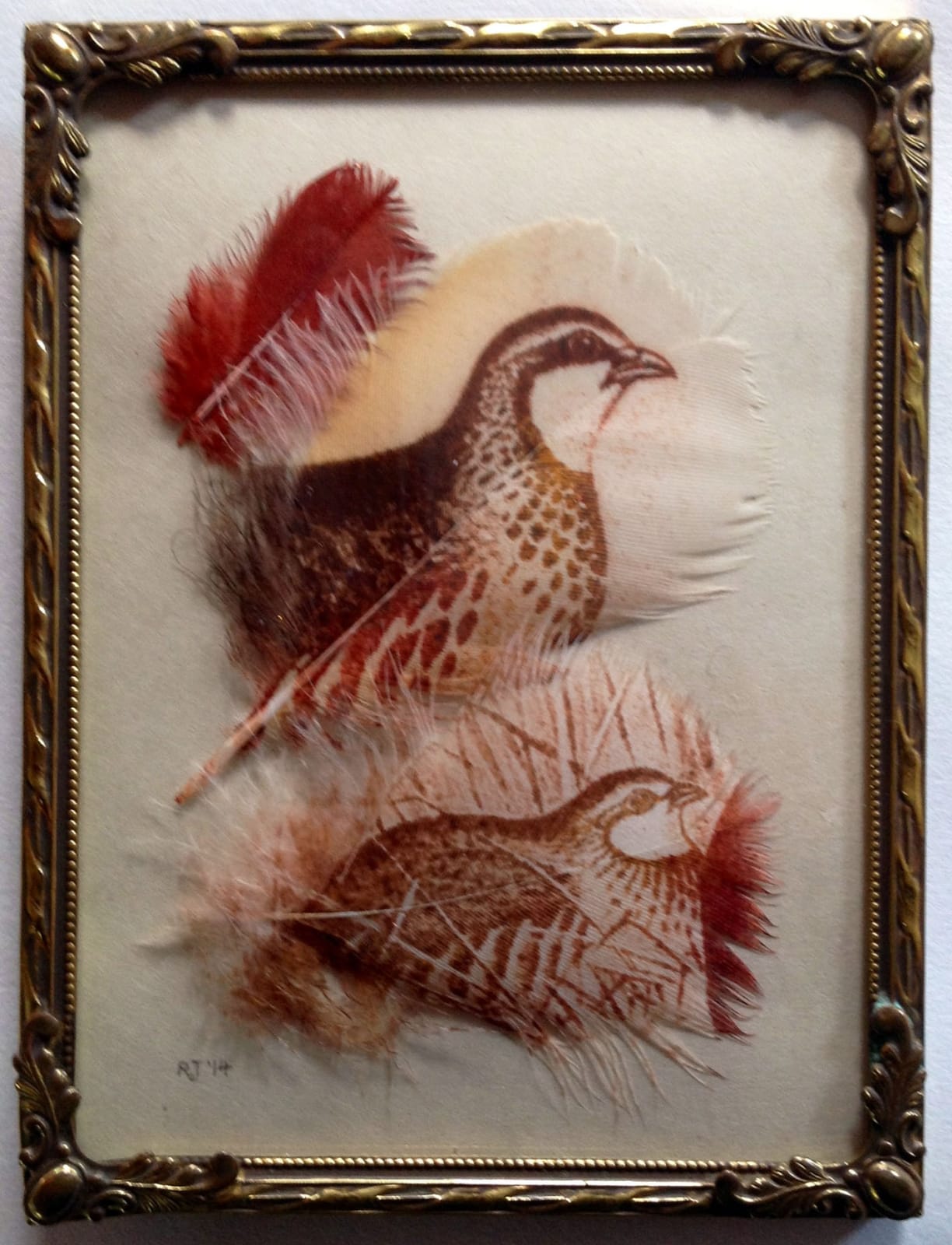 Rebecca Jewell, Partridges with Red Feather in Vintage Frame, 2014