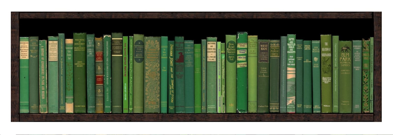 A hyperreal print of a green bookshelf displaying the names of stations on the District line of the London Underground by acclaimed British artist Phil Shaw.