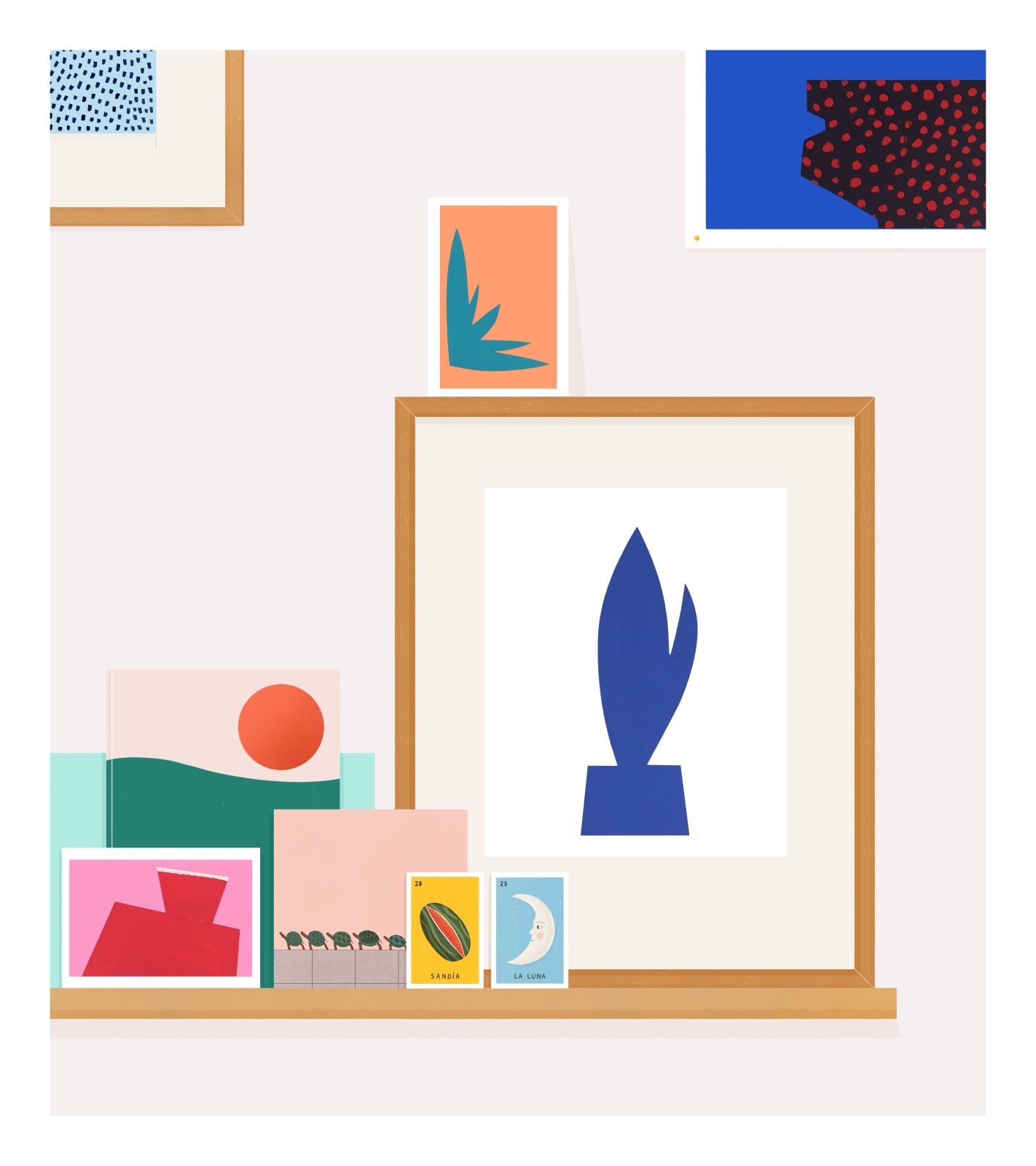 Paintings within a painting, depicting a colourful museum shelf. By Rose Blake and represented by Rebecca Hossack Gallery.