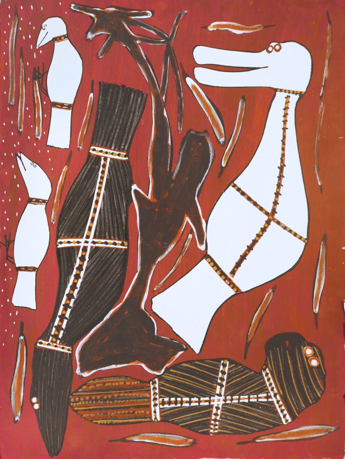 Joe Guymala is an acclaimed Indigenous Aboriginal Australian artist from a remote community in Western Arnhem Land Australia, who is currently being exhibited amongst his contemporary painters at the EXPO Chicago art fair by the Rebecca Hossack Gallery in London.