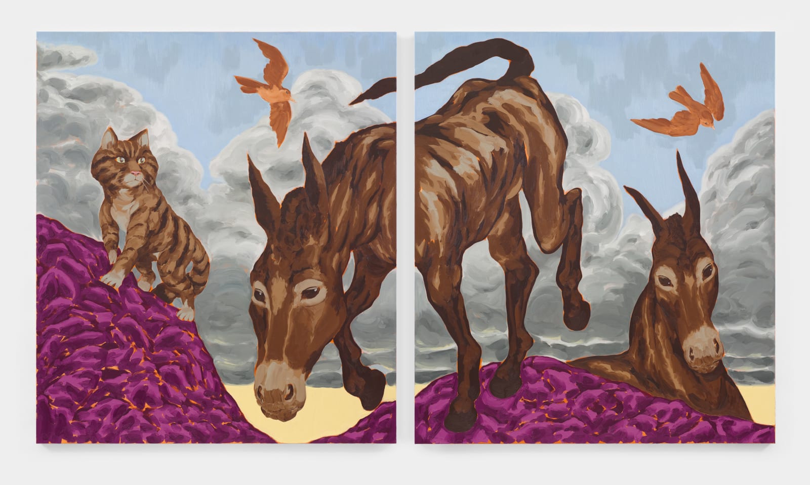 A dreamlike painting of two trotting horses and a cat with clouds and birds in the background by British artist David Surman.