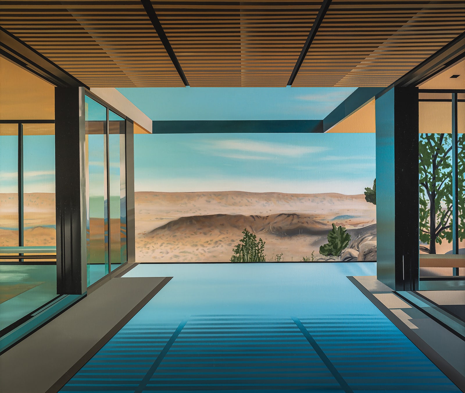 A painting out of the window of a modernist house with a pool looking out at a desert by British artist Laurence Jones.