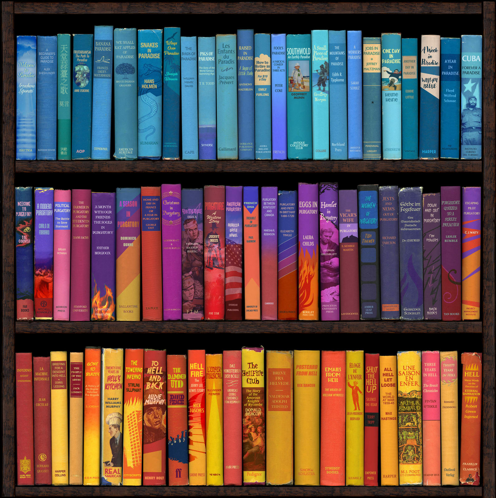 Conceptual colorful bookshelf print based off of The Divine Comedy by Dante by acclaimed British artist Phil Shaw.