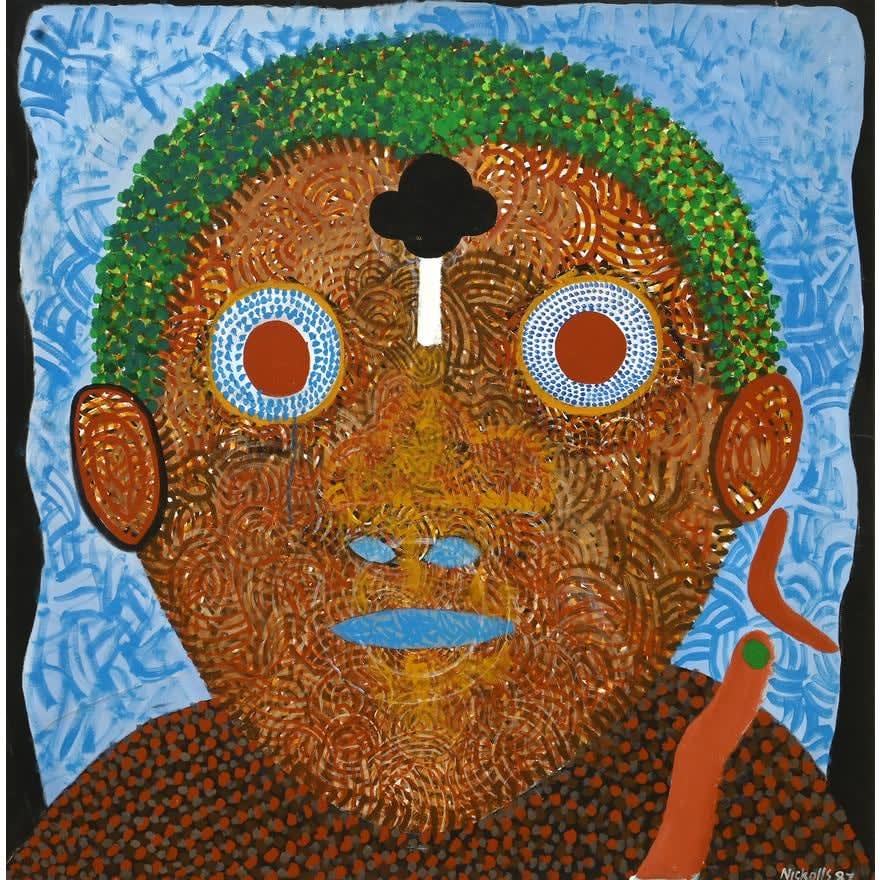 A painting of an orange face with green hair by Australian artist Trevor Nicholls entitled Self Portrait