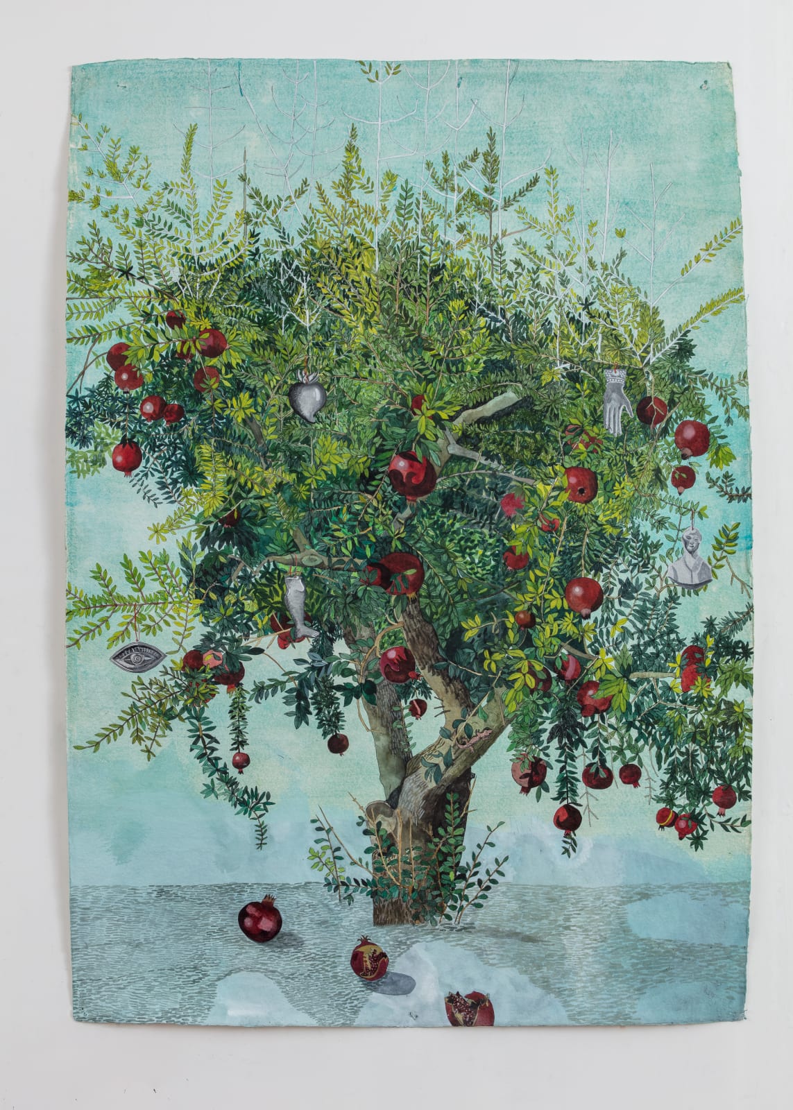 Watercolour and gouache painting of a pomegranate tree with green leaves and red fruit by British-Cypriot artist Sophie Charalambous represented by Rebecca Hossack Art Gallery.