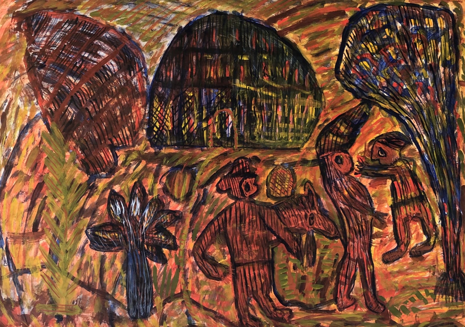 Uddin’s paintings – done in gouache on paper – shimmer with expressive colour. Their characteristic short, dynamic brushstrokes impart a compelling energy to each scene