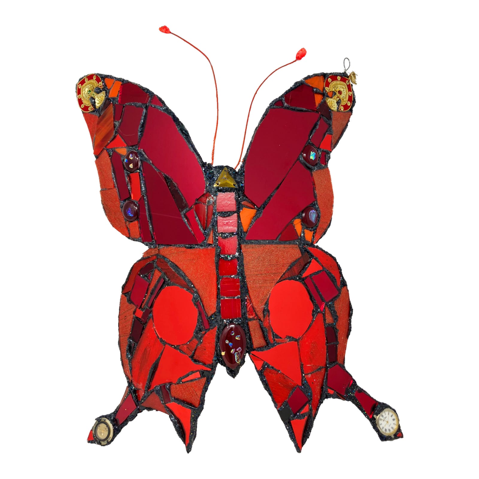 Andrew Logan eccentric british sculptor jewellery bugs and butterfly in glass and resin in bright red detail