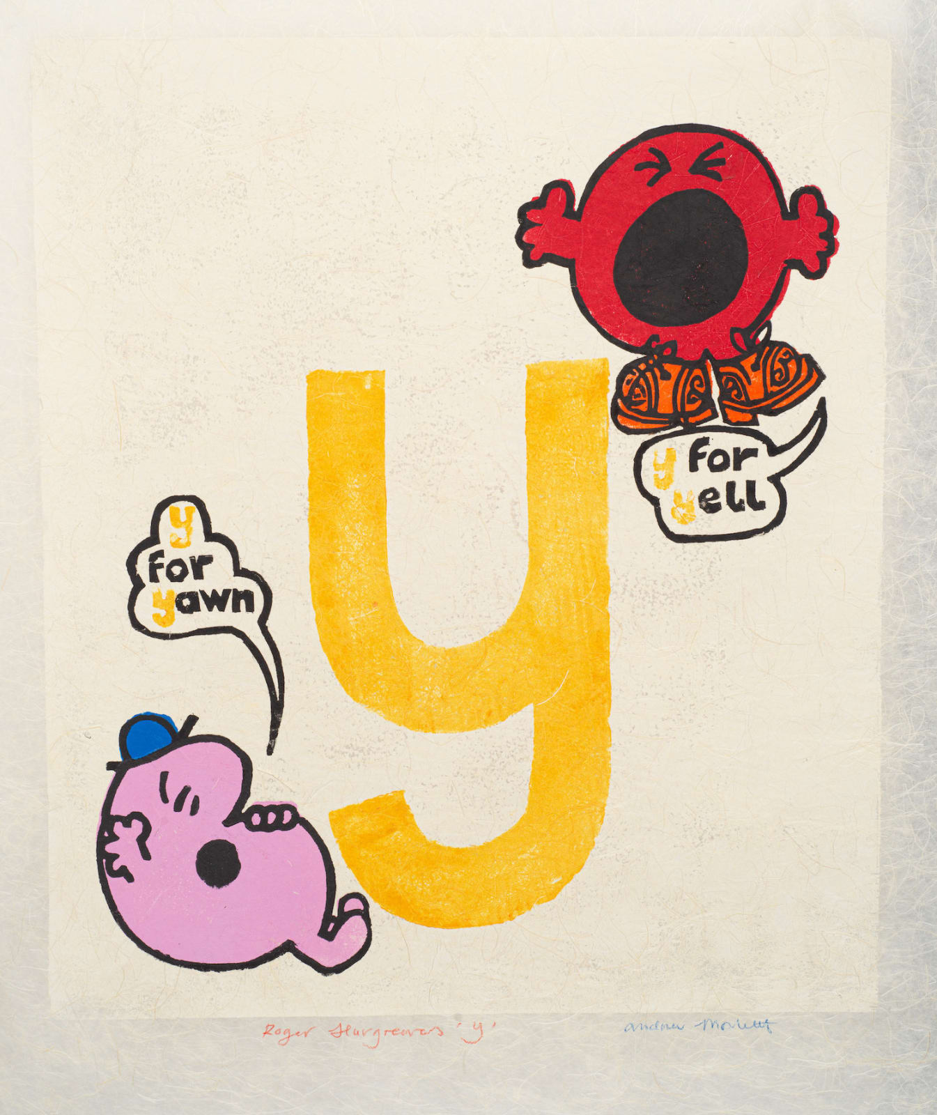 Yellow pop art print of the letter y featuring two Mr. Men cartoon characters by British artist Andrew Mockett represented by Rebecca Hossack Art Gallery.