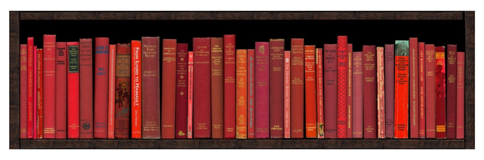 Red bookshelf print featuring the names of stations on the Central Line of the London Underground by acclaimed British artist Phil Shaw represented by Rebecca Hossack Art Gallery.