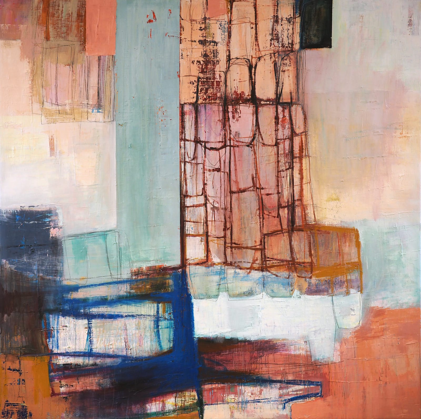 An complex and geometric painting with multicolored square and rectangle shapes by abstract artists Morten Lassen.