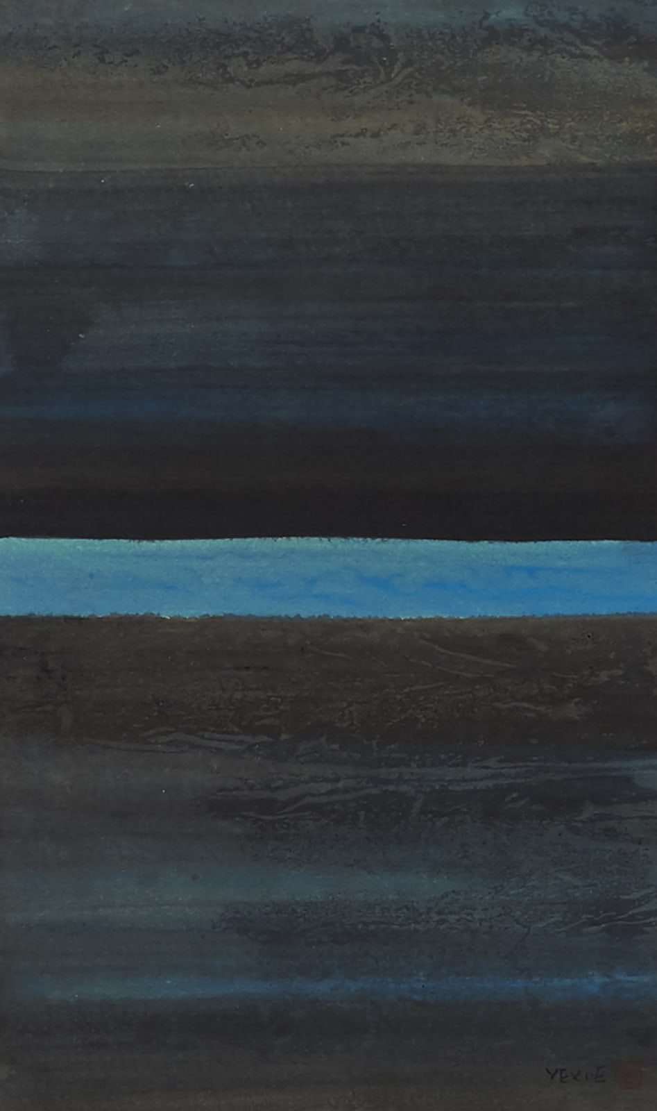Ye Xue artwork with blue line in the center of a dark background available at the Rebecca Hossack Art Gallery.