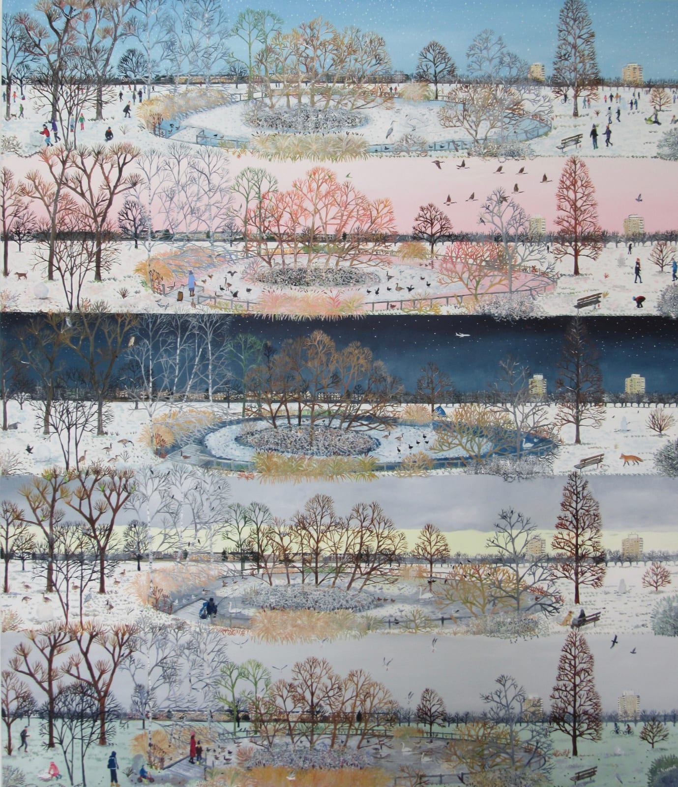 Oil on canvas painting of a snowy winter scene at a metropolitan city park in the day and night by British painter Emma Haworth represented by Rebecca Hossack Art Gallery.