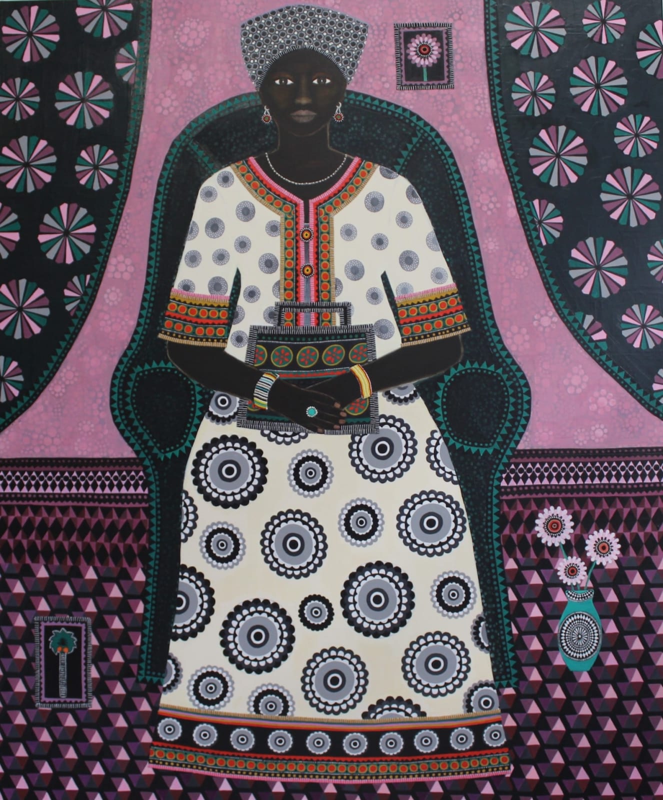 hand embroidery, beadwork, acrylic and collage on canvas by Carla Kranendonk of woman sitting in an armchair in traditional white outfit on pink pattern background available at Rebecca Hossack Art Gallery