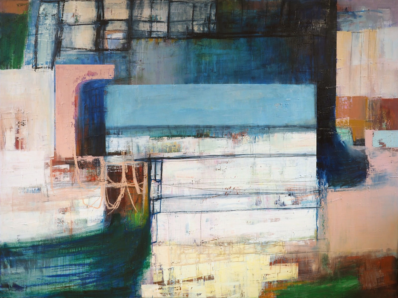An abstract geometric painting with blue and white and pink yellow rectangle shapes by Morten Lassen.