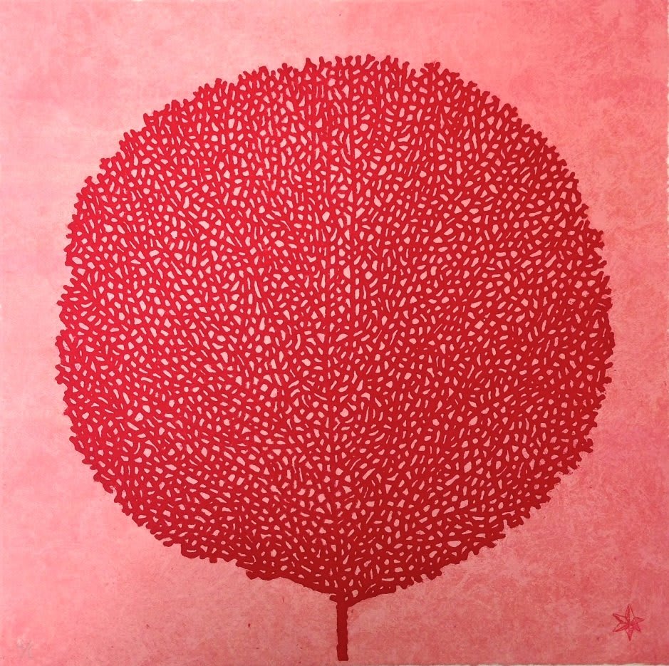 pink tree etching by Abigail McLellan represented by Rebecca Hossack gallery