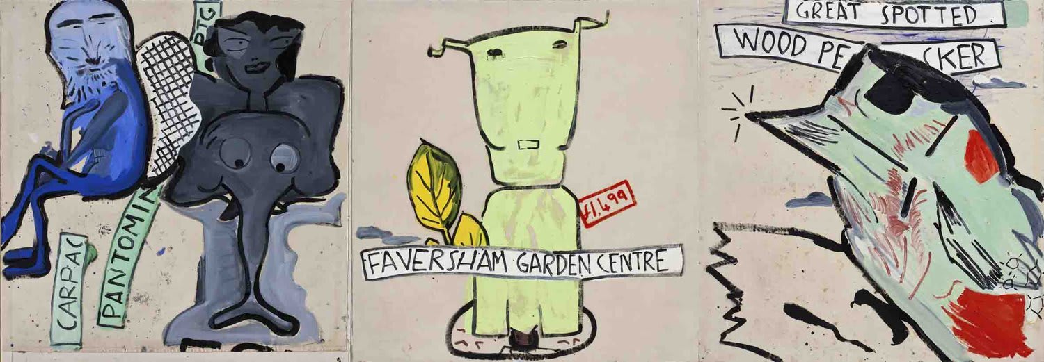 Rose Wylie, Elephant Girl, Dog & Woodpecker, 2000