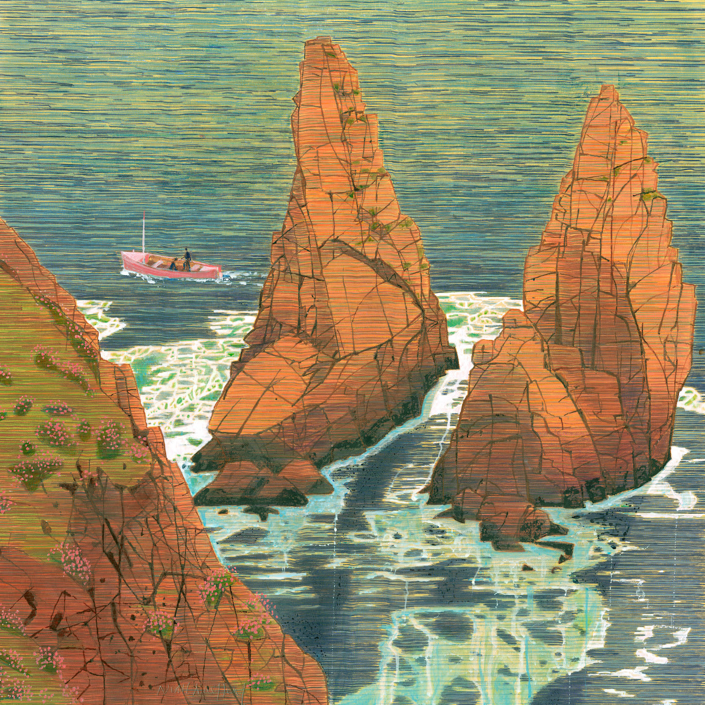 Niall Naessens, Landscape with Sea Stacks and Lobster Boat, 2025