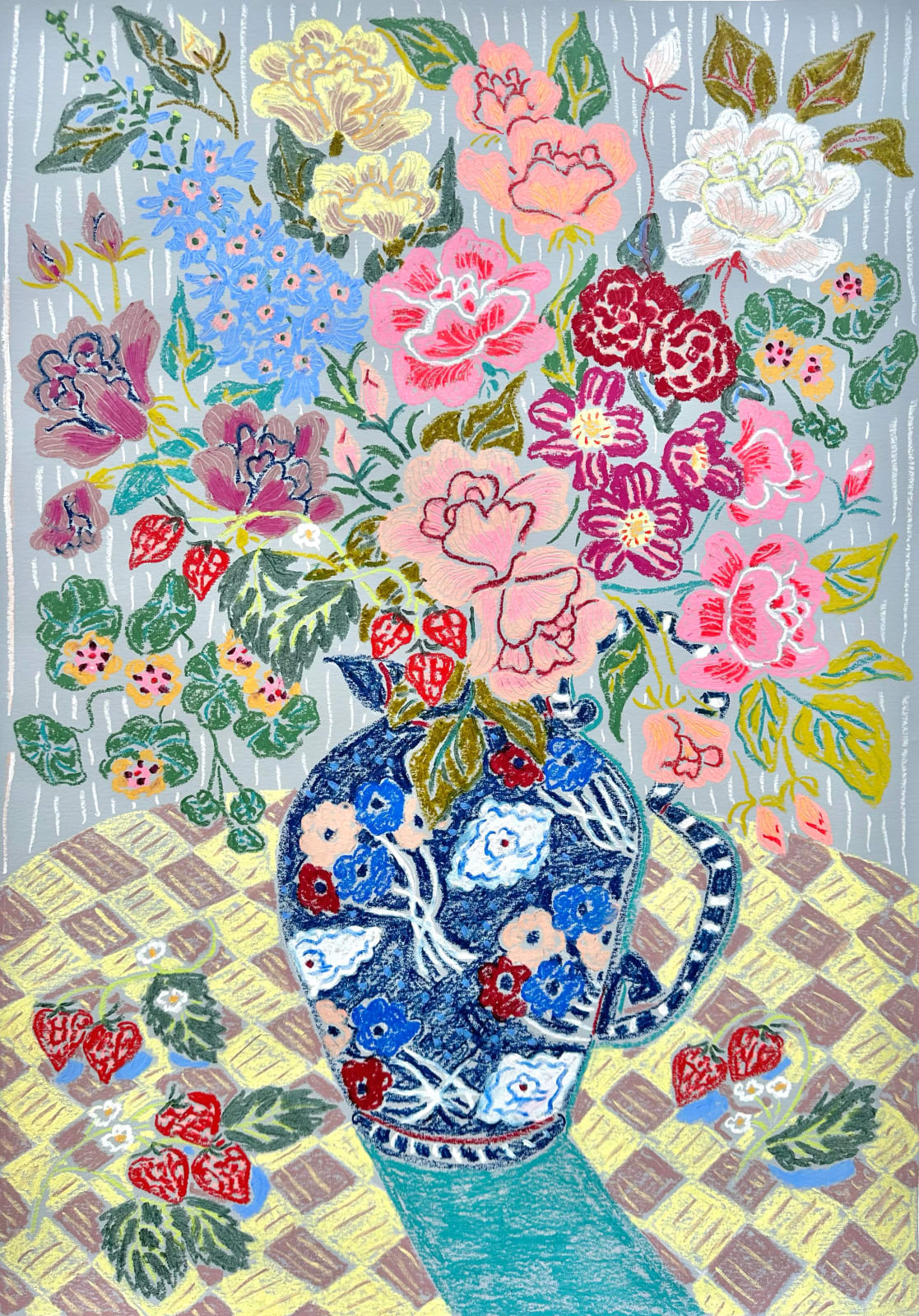 Camilla Perkins, Studio Flowers with Roses and Strawberries, 2024